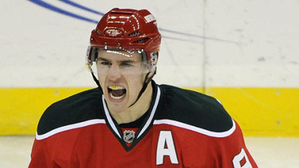 New Jersey Devils' Zach Parise celebrates his goal during the second period of an NHL hockey game against the Pittsburgh Penguins in March 2010.