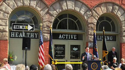 Pittsburgh Mayor Luke Ravenstahl speaks during today's ribbon-cutting ceremony for the reopening of the South Side Market House.