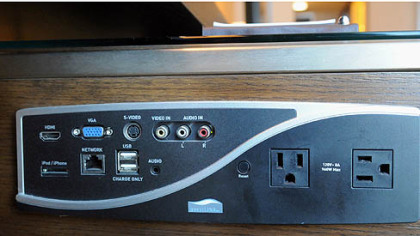 Rooms at the Fairmont Hotel in Downtown Pittsburgh feature plentiful electrical outlets and a connection box, which allows almost any device a guest brings to connect and charge.