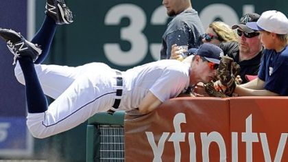 Tigers right fielder and Mt. Lebanon High School graduate Don Kelly tumbles into the stands last week in Detroit. Kelly was injured on a similar play the next day, forcing him to sit out the weekend's series against the Pirates at PNC Park.