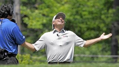 Fred Couples does an interview with the Golf Channel on the 17th green during the Accenture Pro-Am at Fox Chapel Golf Club Wednesday afternoon.
