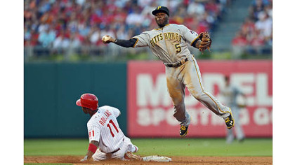 Josh Harrison forces Jimmy Rollins at second base, but can't turn the double play Wednesday in Philadelphia.