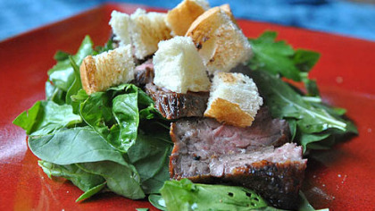Grilled Flat Iron with Arugula Salad and Scorched Croutons.