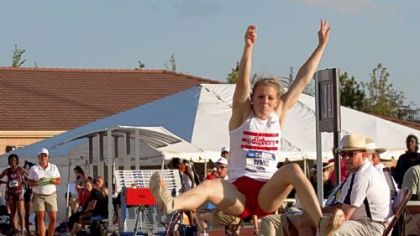 Tabitha Bemis, a Quaker Valley High School grad who competes in track and field at Edinboro University, competes in the long jump at the NCAA Division II championship meet in Pueblo, Colo., last month.