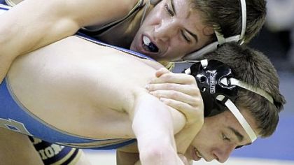 Josh Maruca, top, and seven other Franklin Regional wrestlers competed at the National High School Coaches Association Duals May 25-28 at Virginia Beach.