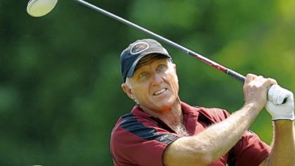 Greg Norman hits off the 15th tee in the first round of the Constellation Senior Players Championship Thursday at Fox Chapel Golf Club.