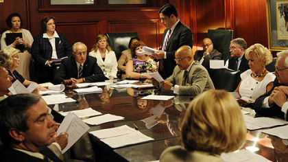 Senate Majority Leader Domini Pileggi, R-Delaware, seated left center, and Senate Minority leader Jay Coste, D-Allegheny, standing right, conduct a rules committee meeting on the state budget earlier today.