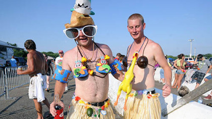 Rick Stevenson, from Frostburg, Md., left, attends his 19th Jimmy Buffett concert, and his buddy, Travis Beman, is along for his first Thursday at First Niagara Pavilion.