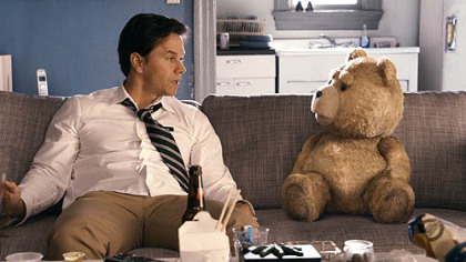 Mark Wahlberg hangs out with Ted (voice of Seth MacFarlane) in "Ted."