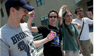John Drake, left, 24, a graduate student from University of Pennsylvania, Edward Garbade, 19, Kevin Lemon, 21, and Michael McGinnis, 22, all CMU students, are heading to New York for a Brony convention. .