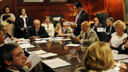 Senate Majority Leader Domini Pileggi, R-Delaware, seated left center, and Senate Minority leader Jay Coste, D-Allegheny, standing right, conduct a rules committee meeting on the state budget earlier today.