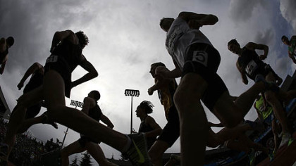 Racers compete in the men's 1500 meter semi-finals at the U.S. Olympic Track and Field Trials Friday in Eugene, Ore.