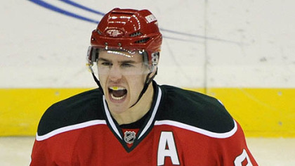 New Jersey Devils' Zach Parise celebrates his goal during the second period of an NHL hockey game against the Pittsburgh Penguins in March 2010.