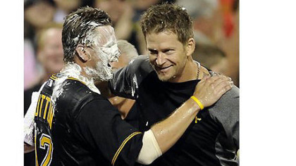 Garrett Jones is greeted at home by Andrew McCutchen after hitting a two run homer against the Astros.
The Pirates defeated the Astros, 11-2.