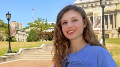 Sophia Taborski, a student at the University of Pittsburgh, in her Alexander Hamilton T-shirt. For video, visit post-gazette.com