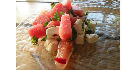 Watermelon and feta salad with two chiles.