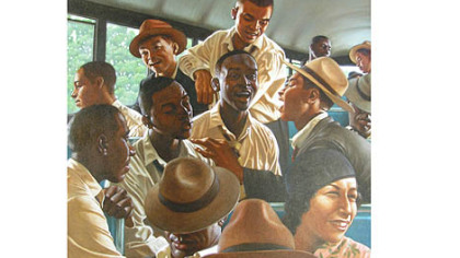 The Pittsburgh Crawfords, Newark Eagles and some other Negro League teams purchased team buses to shuttle their players from city to city. The owners of the Eagles, Abe and Effa Manley, shown here enjoying their players singing, were the first to buy an air-conditioned bus for their team. This illustration is among those featured in "The Story of Negro League Baseball: We Are the Ship," an exhibition at the Western Pennsylvania Sports Museum through Aug. 26.