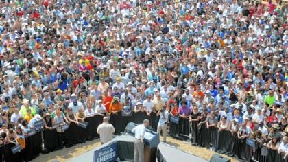 President Barack Obama speaks Friday to a crowd of thousands gathered at a campaign event at Carnegie Mellon University.