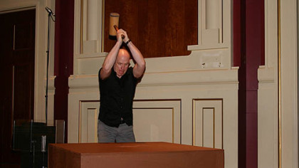 Orchestra percussionist Andrew Reamer performing a special instrument called a hammer box? He is swinging a wooden mallet in this photo from June 8 at a rehearsal in Heinz Hall. Mahler invented this percussion instrument for the finale of his Symphony No. 6, which the PSO performed June 15-17.