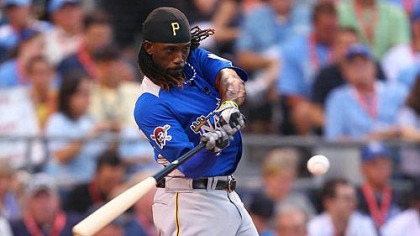 National League All-Star Andrew McCutchen at bat in the first round of the State Farm Home Run Derby at Kauffman Stadium in Kansas City, Missouri.