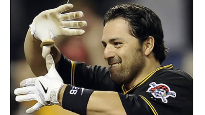 Pirates catcher Rod Barajas gives the sign of Zoltan in honor of the god that has allowed the team's resurgence.