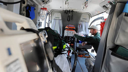 Nurse Pete Hough restocks painkillers as a LifeFlight helicopter crew stops at Allegheny General Hospital.
