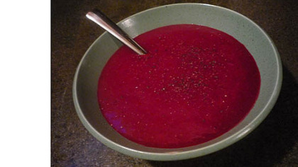 Pepper appears to sparkle on the brilliant red surface of Beet Soup with Ginger, a recipe from "Morocco," a lovely new book by Jeff Koehler.