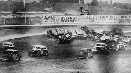 Cars pile up at Heidelberg Raceway in 1952.