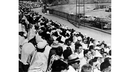 A crowd fills the stands at Heidelberg Raceway on July 5, 1953.