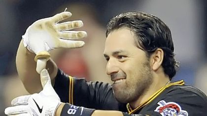 Pirates' Rod Barajas gives the sign of Zoltan after hitting a two-run walk off home run against Washington in the ninth inning May 8th at PNC Park