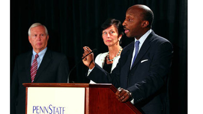 Kenneth C. Frazier, Chairman of the Special Investigations Task Force and Trustee of the Penn State Board of Trustees, talks as University President Rodney Erickson, left, and Chairman of the Board of Trustees, Karen Peetz, center, listen in during a news conference in Scranton today.