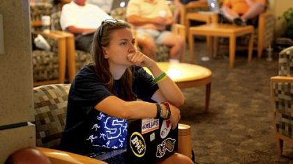 Penn State senior Maddy Pryor takes in the news of the Freeh Report.