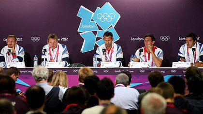 Britain's football team members from left, Craig Bellamy, coach Stuart Pearce, captain Ryan Giggs, Jack Cork and James Tomkins during a press conference at the Olympic Park, Monday, July 16, 2012.