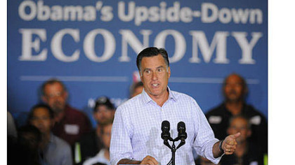 Republican presidential candidate Mitt Romney speaks to the crowd about the economy during a rally at Horizontal Wireline Services in North Huntingdon.