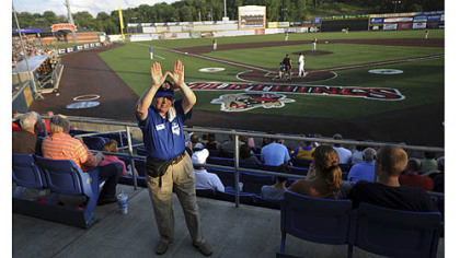 "The Pirates have a 'Z,' but we have a 'W,' " says usher Pat Swihart, who tries to rouse the crowd Saturday at a Washington Wild Things home game against the Traverse City Beach Bums at Consol Energy Park.