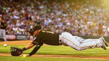Pirates first baseman Casey McGehee comes up just short on a foul ball.