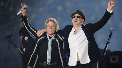 In this 2010 file photo, Roger Daltrey, left, and Pete Townshend acknowledge the crowd after performing during the second half of the NFL Super Bowl XLIV football game in Miami.