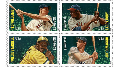 The United States Postal Service's Major League Baseball All-Star Forever stamps (clockwise from top left): Ted Williams, Larry Doby, Joe DiMaggio and Pirates Hall of Famer Willie Stargell.