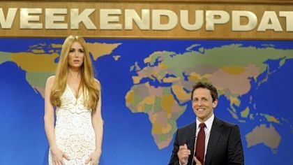 Kristen Wiig, portraying singer Lana Del Rey, and Seth Meyers during a skit from "Saturday Night Live." Ms. Wiig, who was nominated for an Emmy award, is leaving the show, and, according to the latest rumors, Mr. Meyers also may leave.