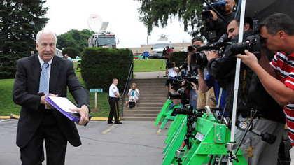 Jerry Sandusky arrives on Tuesday at the Centre County Courthouse for the sixth day of testimony in his trial. The defense continued presenting its case.