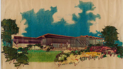 This drawing by modernist Richard Neutra shows a glass-enclosed pergola for Trudi and Daniel Pariser's home.  The pergola was not built, instead, the Pariser's chose a screened porch.
