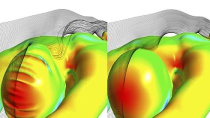 An Ansys simulation of the forces experienced when diving. At left is an older version of the female swim cap. The Fastskin3 Cap, right, with hair management system, shapes hair for significantly improved hydrodynamics. Ansys used similar simulations to help Speedo design optimal racing swimsuits.