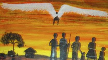 A painting by Patrick Donovan: An angel watches over his family as they walk to find a new home after their village was sacked.