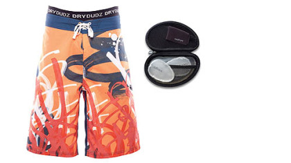 The author tested four new products, including Dry Dudz hybrid men's swim trunks, left, and Coldfront, a personal cooling system consisting of frozen, palm-sized gel packs.