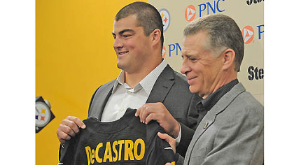 Steelers No. 1 draft pick Stanford guard David DeCastro is introduced by team President Art Rooney II in April at Steelers headquarters on the South Side.