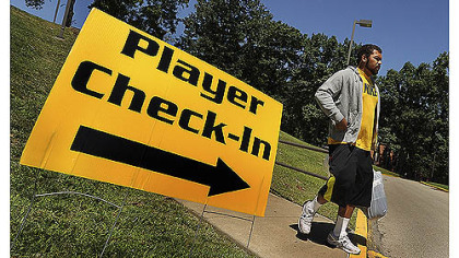 Steelers' Cameron Heyward arrives at training camp this afternoon at St Vincent College Latrobe, Pa.