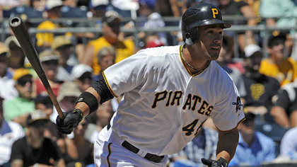 Pirates Garrett Jones hits a double against the Cubs to score Andrew McCutchen in the sixth inning Wednesday afternoon.