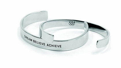 "Dream, Believe, Achieve" stainless cuff, $29.95 at usolympiccollection.org.