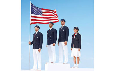 Swimmer Ryan Lochte, left, decathlete Bryan Clay, rower Giuseppe Lanzone and soccer player Heather Mitts in the uniforms designed by Ralph Lauren.