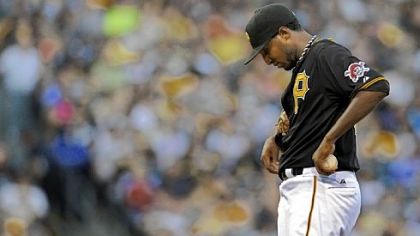 Pirates pitcher James McDonald reacts after walking Cubs pitcher Paul Maholm in the fifth inning Tuesday night at PNC Park.